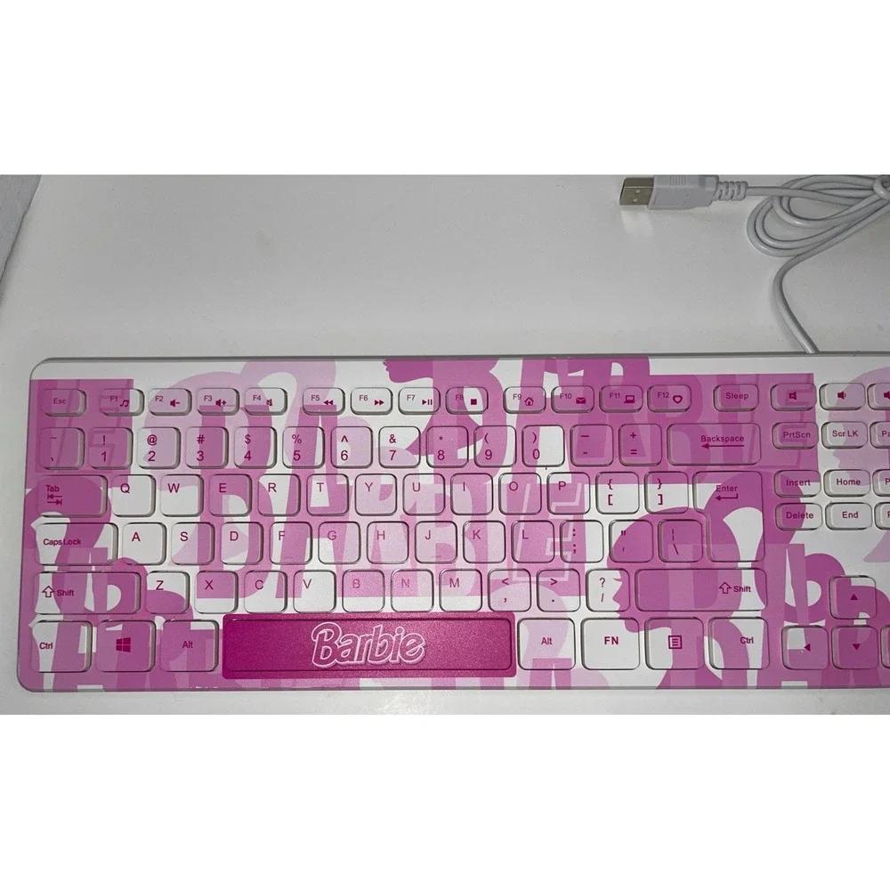Official Mattel Barbie Computer USB Wired Pink Barbie Logo Printed Keyboard 2023